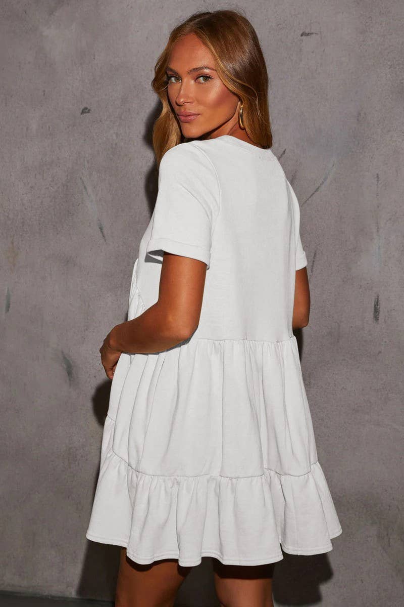 CWDSD7774_CASUAL POCKETED SHORT SLEEVE RUFFLED DRESS