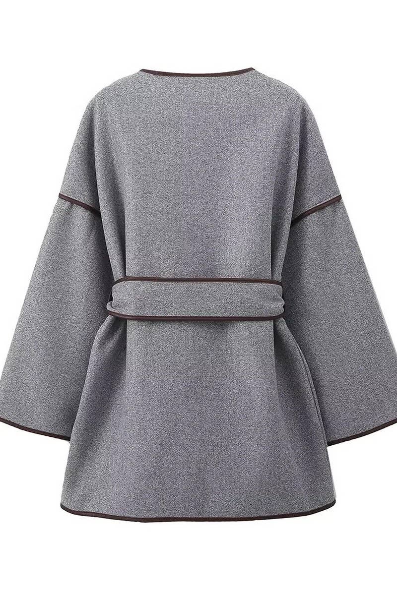 CWOCO1067_LOOSE RETRO GREY BELTED WOOLEN COAT