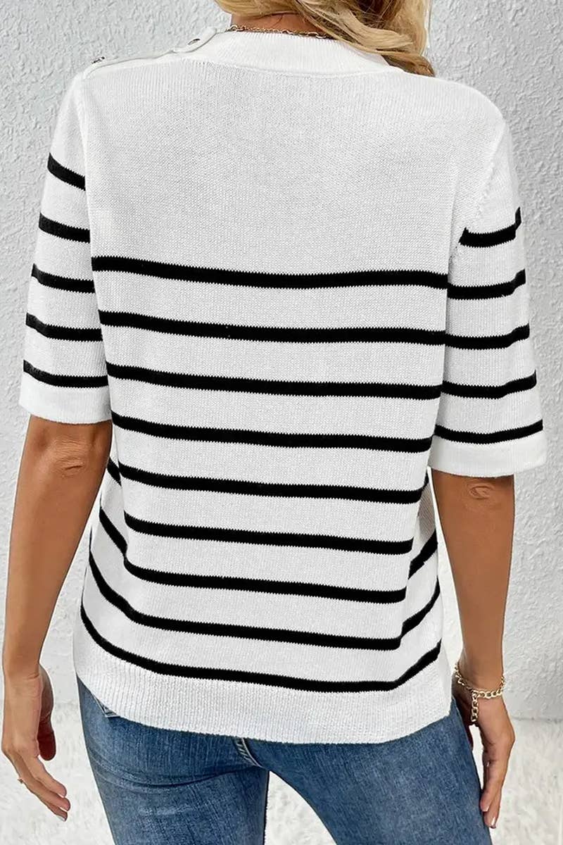 CWTTS1309_STRIPED FASHION ROUND NECK SHORT SLEEVE SWEATER