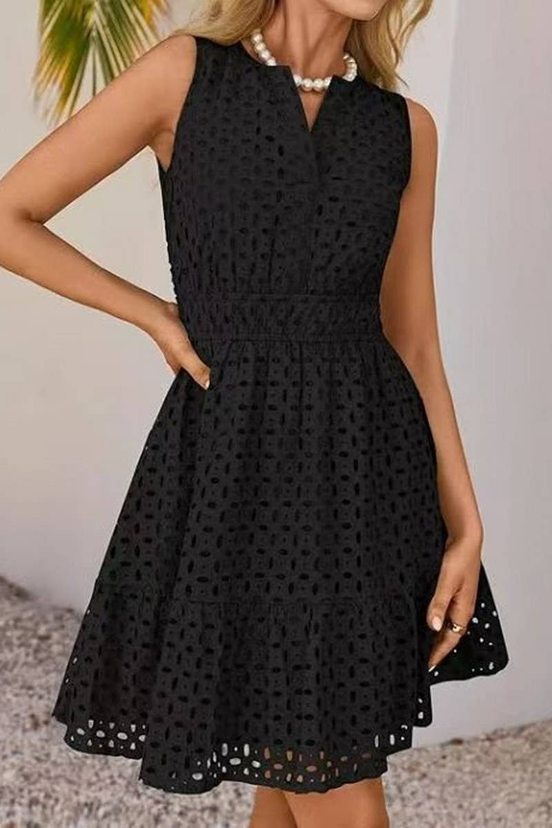 CWDSD8008_SUMMER V-NECK HOLLOW EYELET HIGH WAIST DRESS
