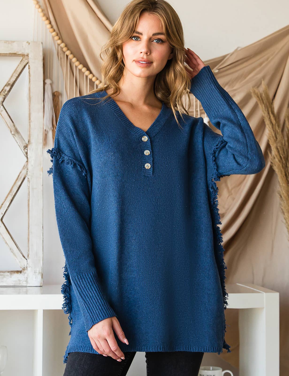 CWOSWL1832_BUTTON DOWN FRINGE SHOULDER SWEATER KNIT TOP