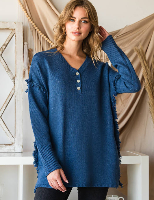 CWOSWL1832_BUTTON DOWN FRINGE SHOULDER SWEATER KNIT TOP