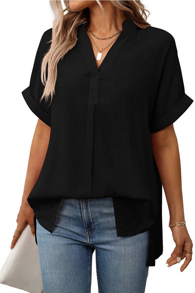 CWTBLS1720_V-NECK STRIPED LOOSE CHECK SHORT-SLEEVED SHIRT