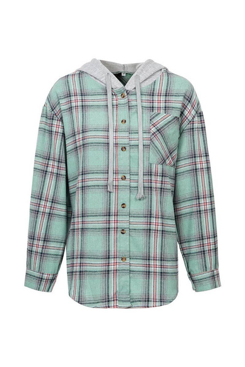 CWOCO1101_CASUAL HOODED COLORBLOCK PLAID SHIRT COAT