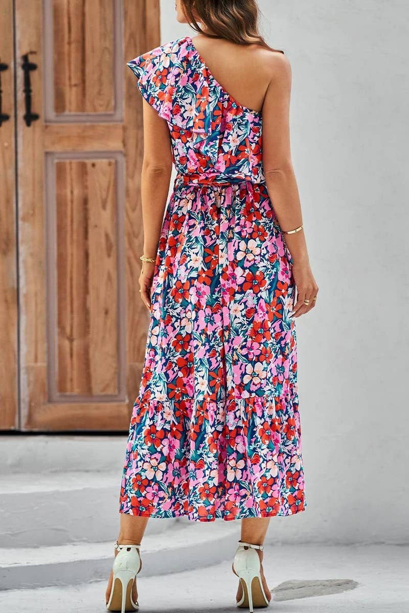 CWDMD4123_ONE-SHOULDER PRINTED TIE-NECK RUFFLE DRESS