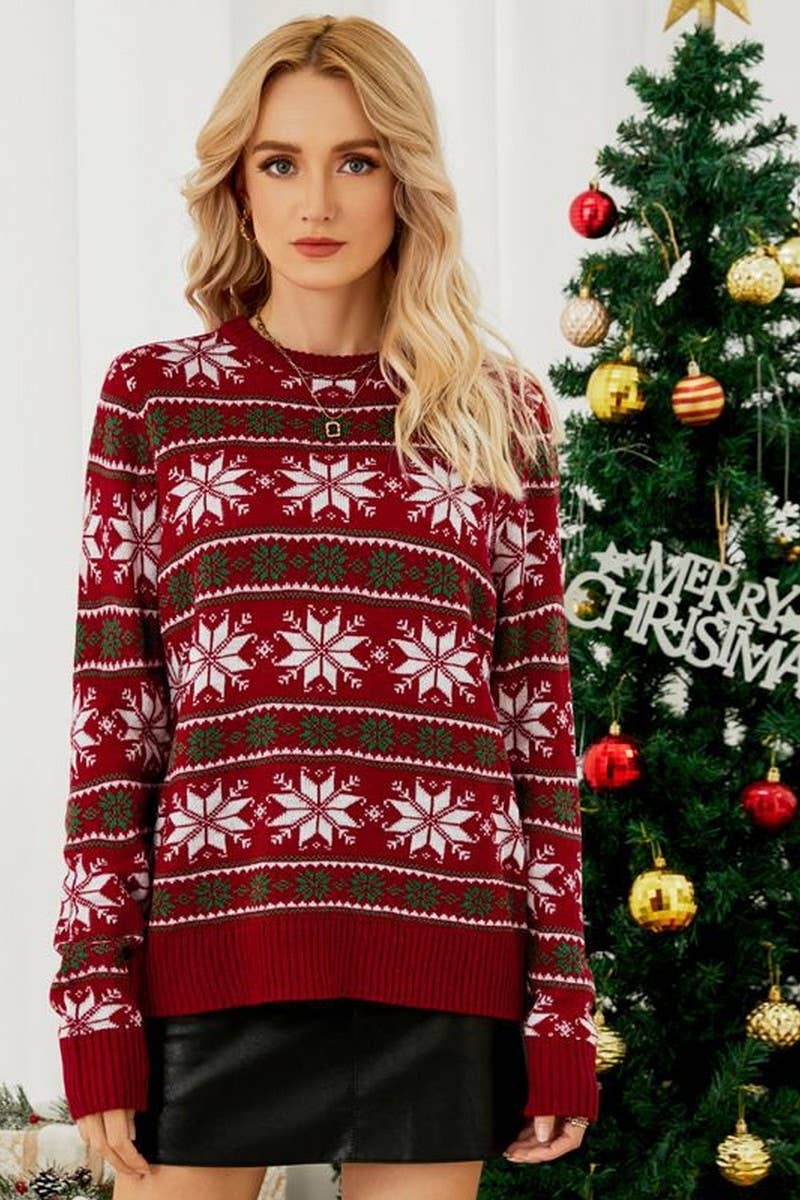 CWOSWL2437_ROUND NECK SNOWFLAKE RED CHRISTMAS SWEATER