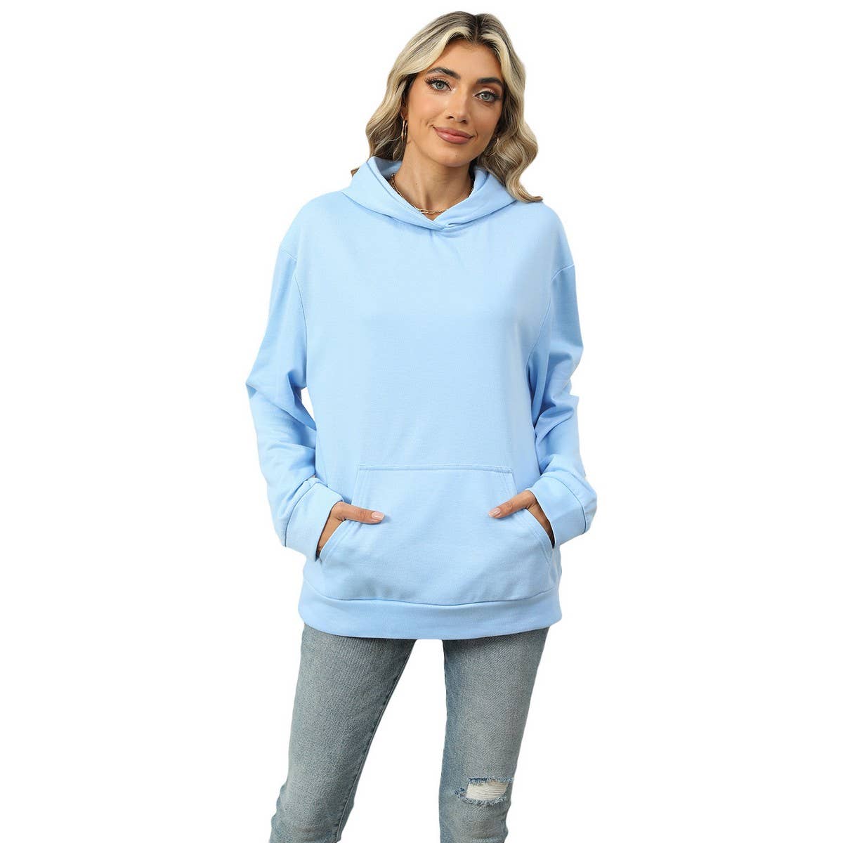 CASUAL HOODED POCKET HOODIE SOLID COLOR TOP