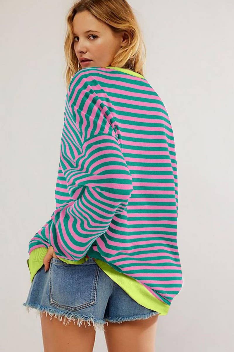 WTBLL1485_COLORFUL STRIPED CREW NECK LOOSE SWEATSHIRT