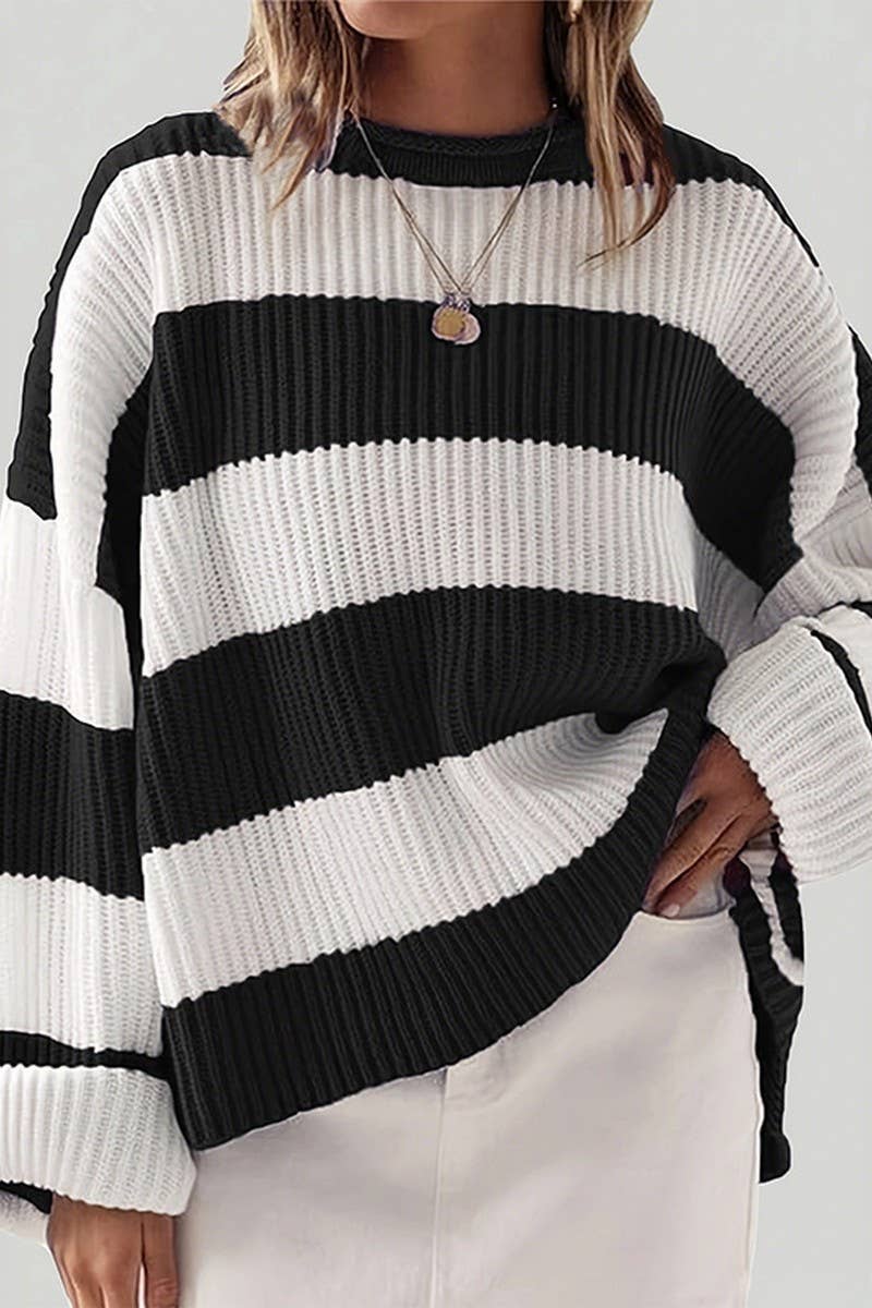 CWOSWL07625_RETRO COLORBLOCK STRIPED LOOSE KNIT SWEATER