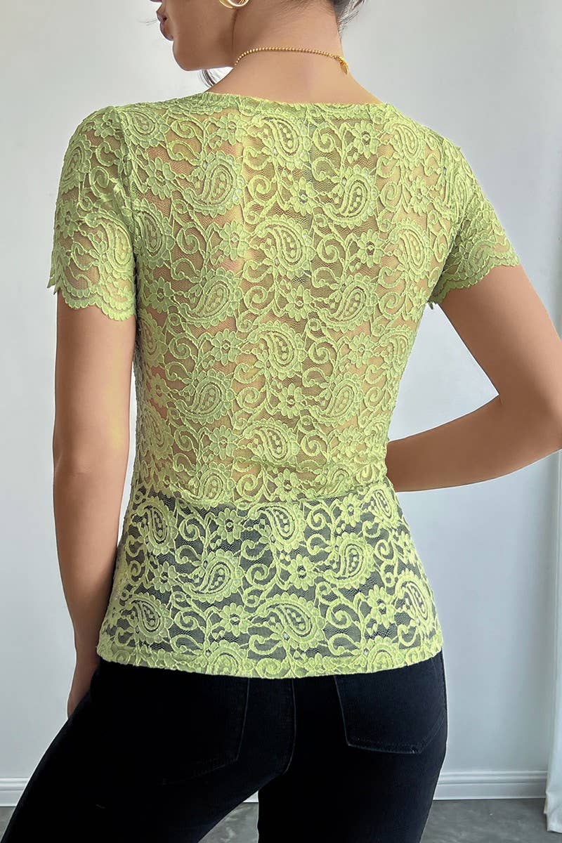 CWTBLS2122_SOLID LACE SLIM FIT SQUARE NECK SHORT SLEEVE TOP