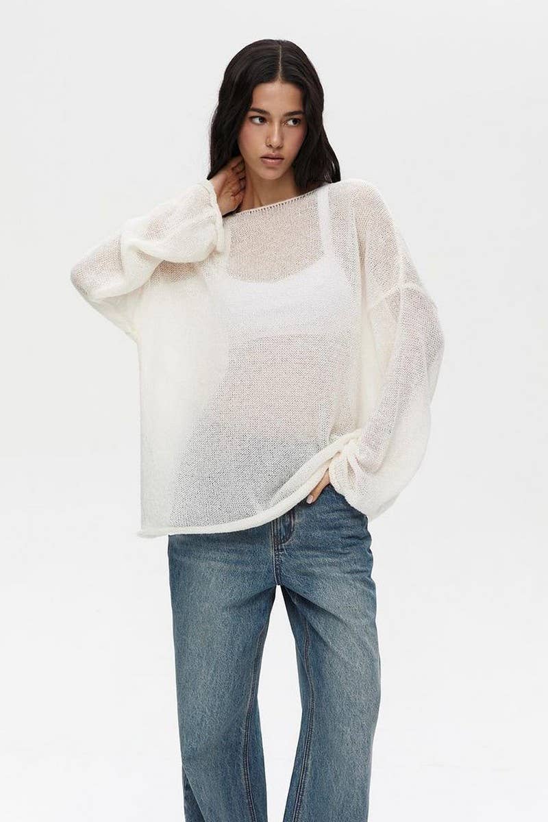 CWTBLL3453_SOLID COLOR SEE-THROUGH LONG-SLEEVED T-SHIRT