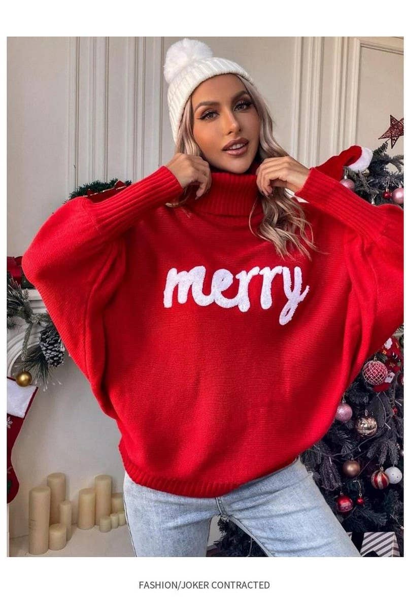 CWOSWL6261_EMBROIDERED BAT SLEEVE CHRISTMAS SWEATER