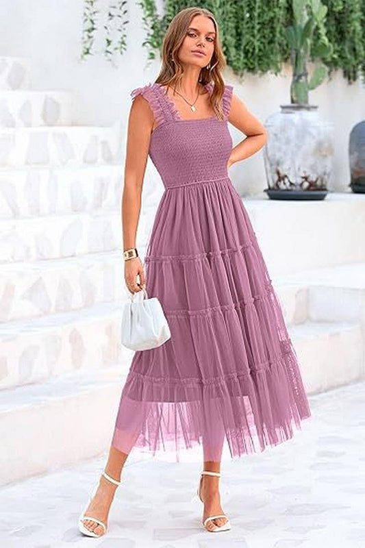 CWDHL1088_SLEEVELESS PLEATED MESH PANELED PUFFY VEST DRESS