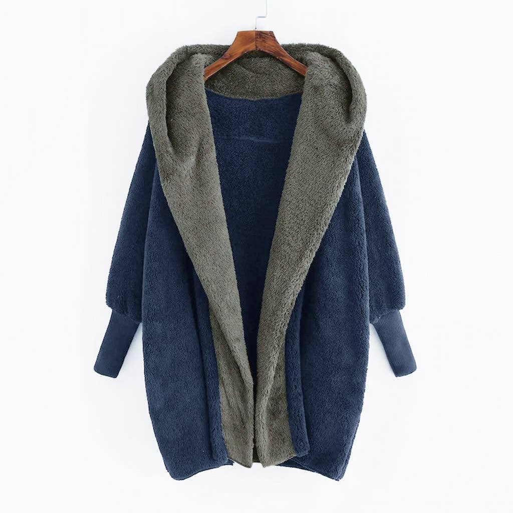 Color matching fleece hooded loose cardigan coat