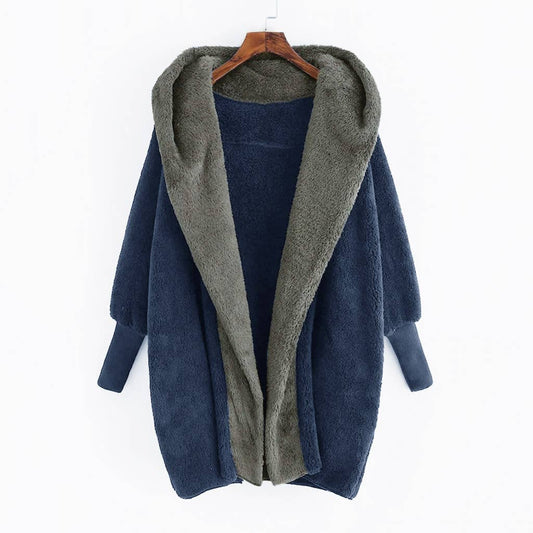 Color matching fleece hooded loose cardigan coat