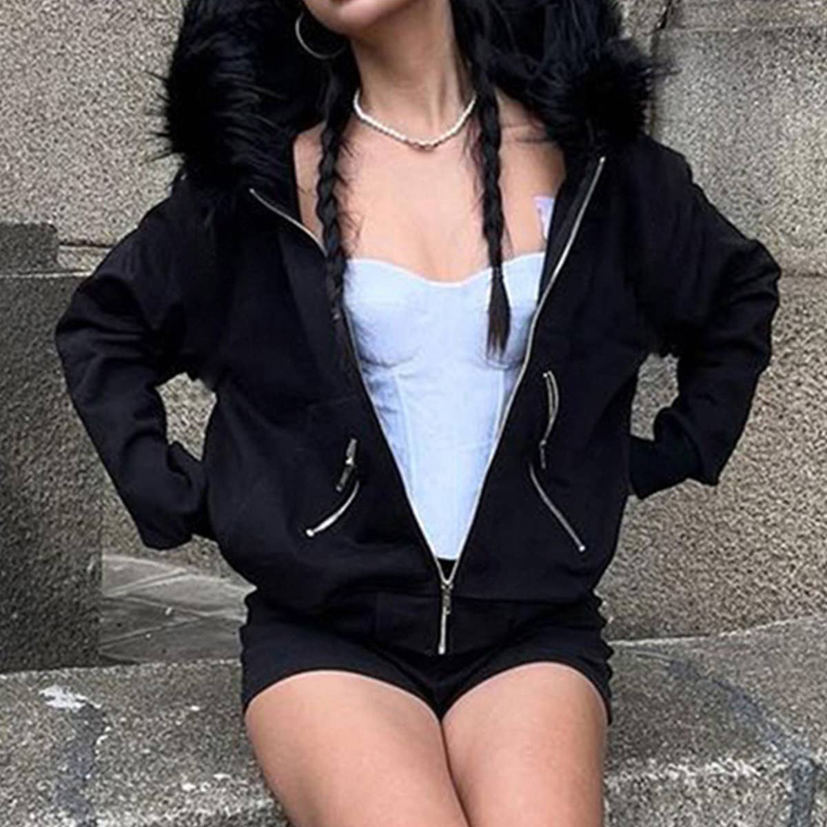 Dark wind big hair collar hooded loose coat