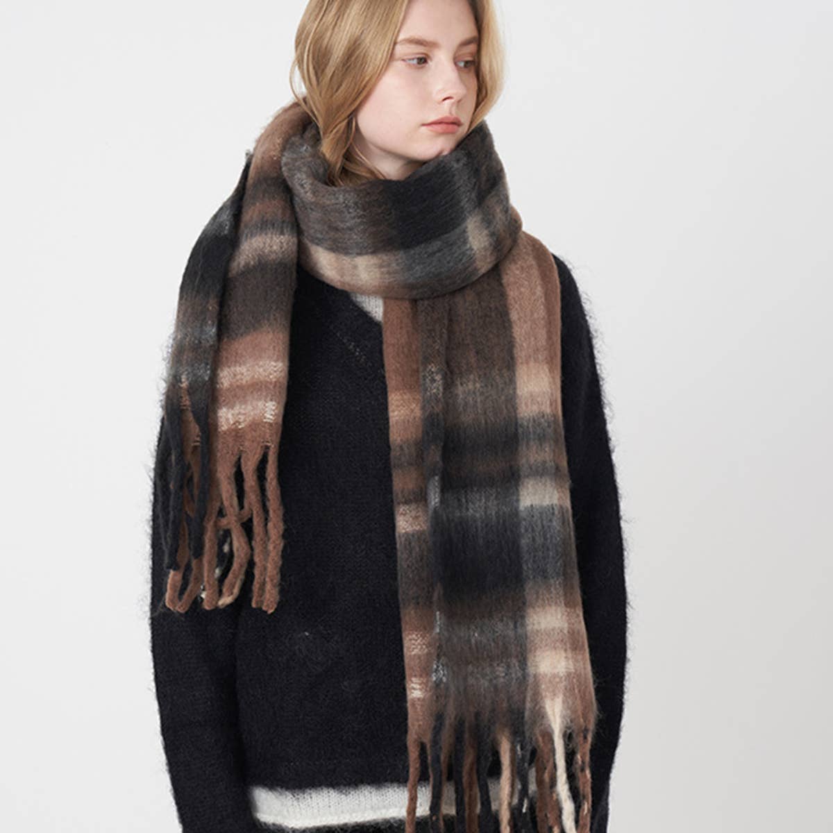 French Retro Plaid Scarf - Winter Tassel Wrap