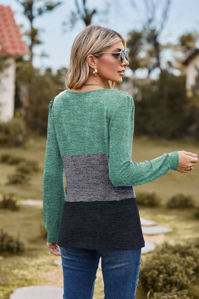 CWTBLL3681_SQUARE NECK PATCHWORK LOOSE LONG SLEEVE T-SHIRT