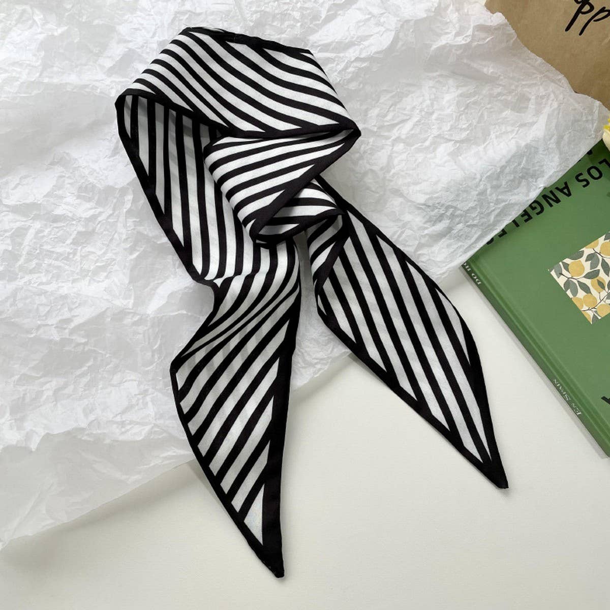 BLACK GEOMETRIC LACE NARROW RIBBON SCARF_CWASC0714