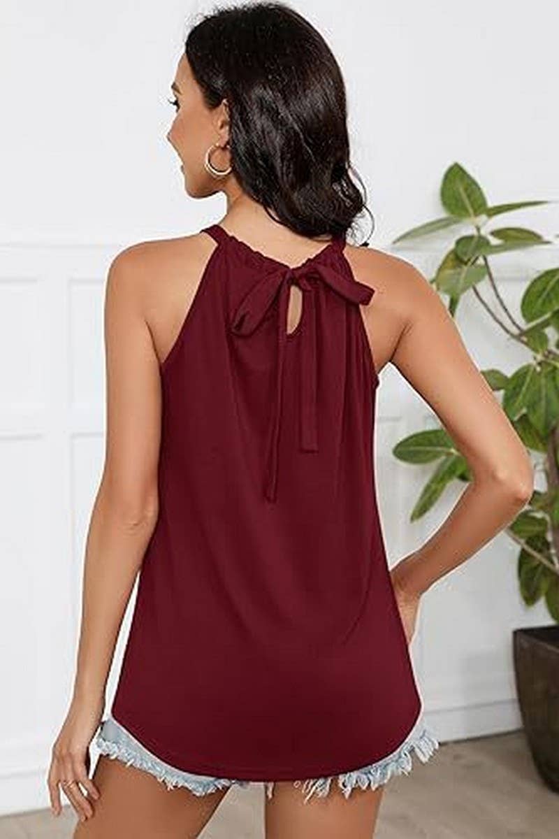 CWTBLSL0909_CASUAL SOLID RUCHED TIE NECK SLEEVELESS TOP