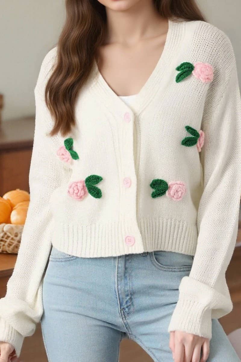 CWOCAL2354_3D FLORAL LONG SLEEVE KNIT CARDIGAN
