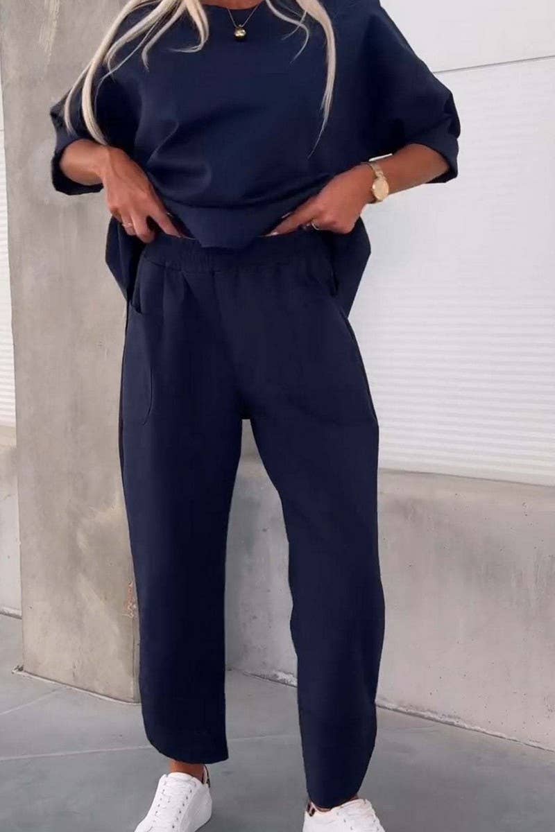 CWSTB1415_SOLID COLOR ROUND NECK LONG SLEEVE TROUSERS SUIT