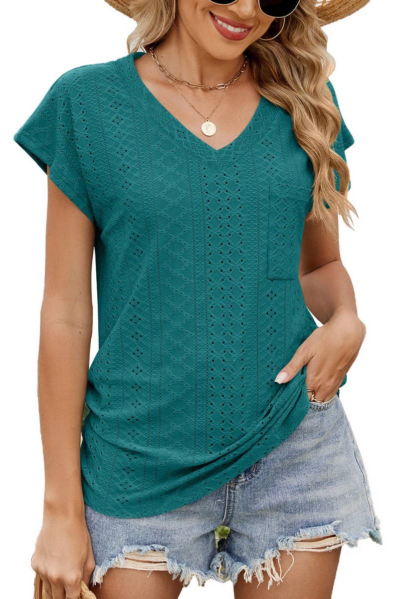 CWTBLS2283_V-NECK RUCHED SIDE POCKET SHORT SLEEVE TEE