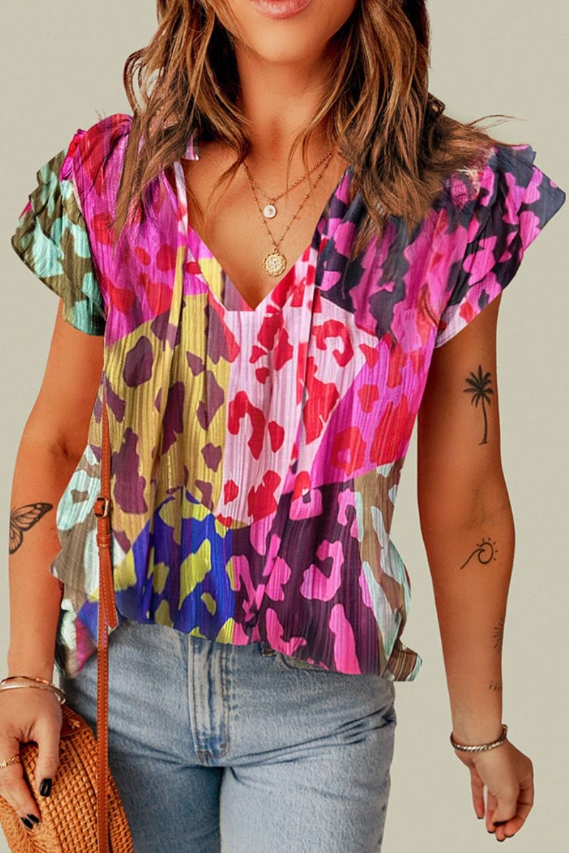 CWOV0446_LEOPARD PRINT THREE-POINT TRIMMED V-NECK TANK TOP