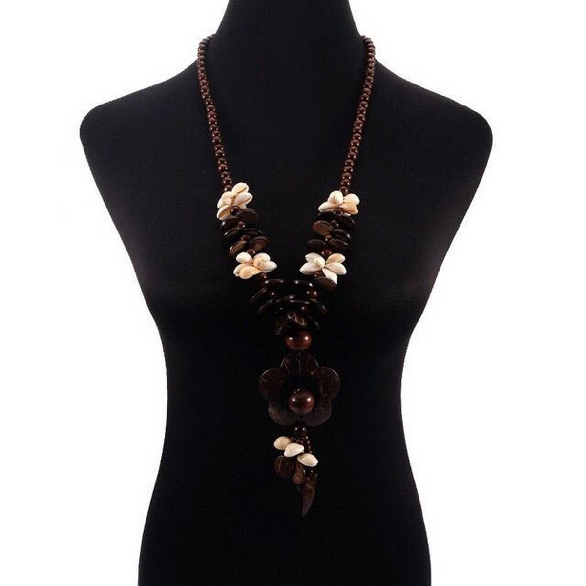 WOODEN BEADS COCONUT SHELL FLOWER HEART NECKLACE_CWMM4399