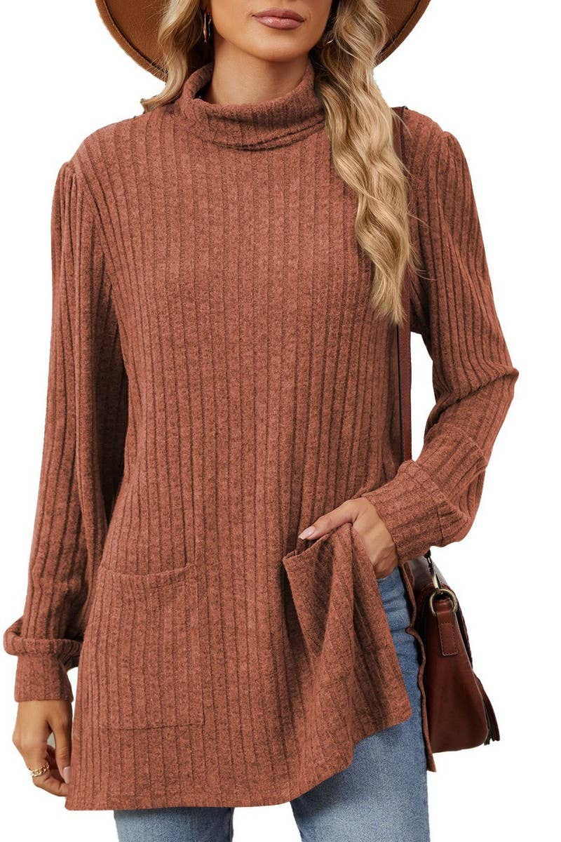 CWTBLL2363_SOLID COLOR HALF TURTLENECK SLIT POCKET TOP