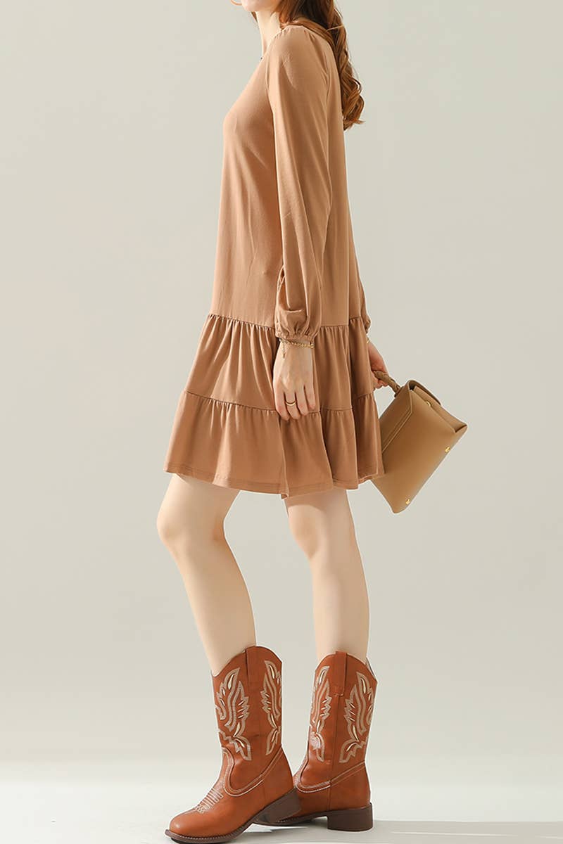 CWDSD10356_LONG SLEEVE SHIRRING LAYERED HEM MINI DRESS