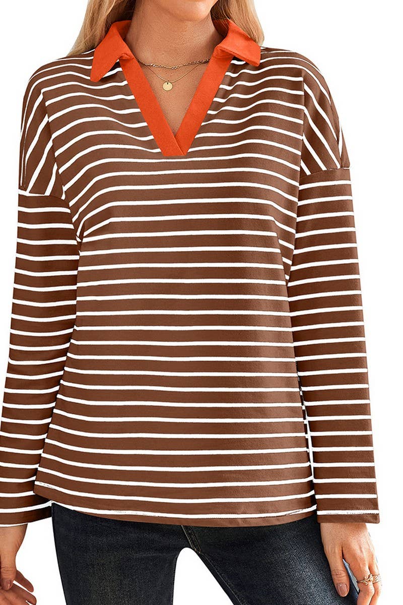 CWTBLL3674_STRIPED V-NECK LOOSE LAPEL SWEATSHIRT TOP