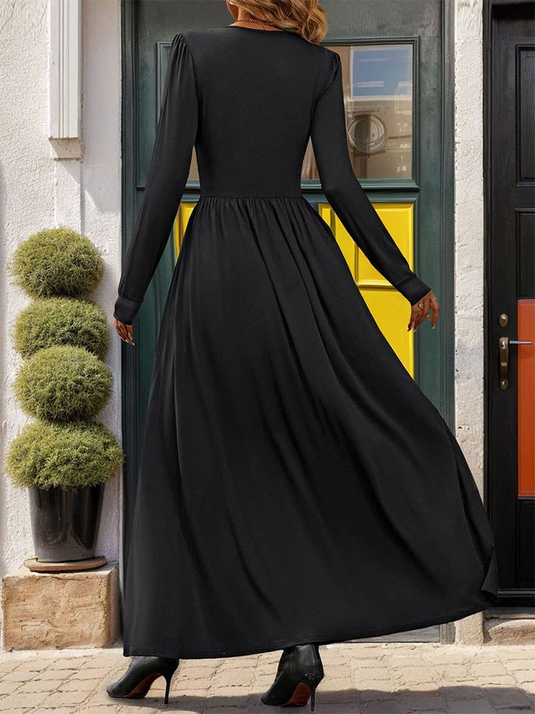 DEEP V-NECK SOLID SLIT LONG SLEEVE WAIST DRESS