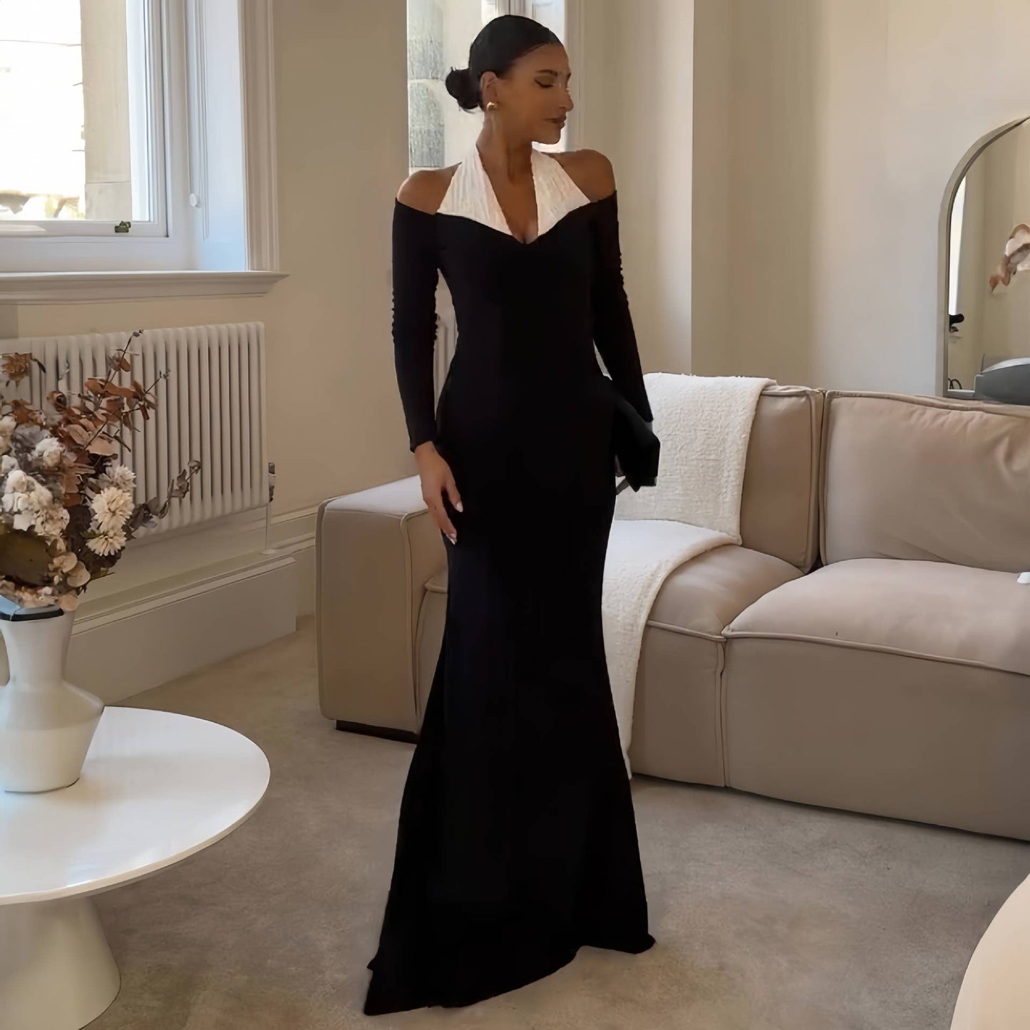 BLACK LONG-SLEEVED FASHION ONE-SHOULDER DRESS