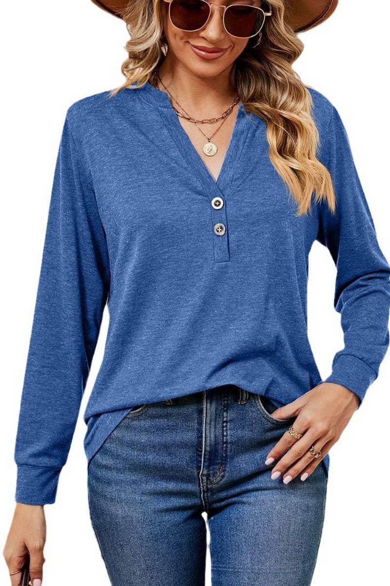 CWTBLL2371_V-NECK BUTTON LONG SLEEVE LOOSE PULLOVER TOP