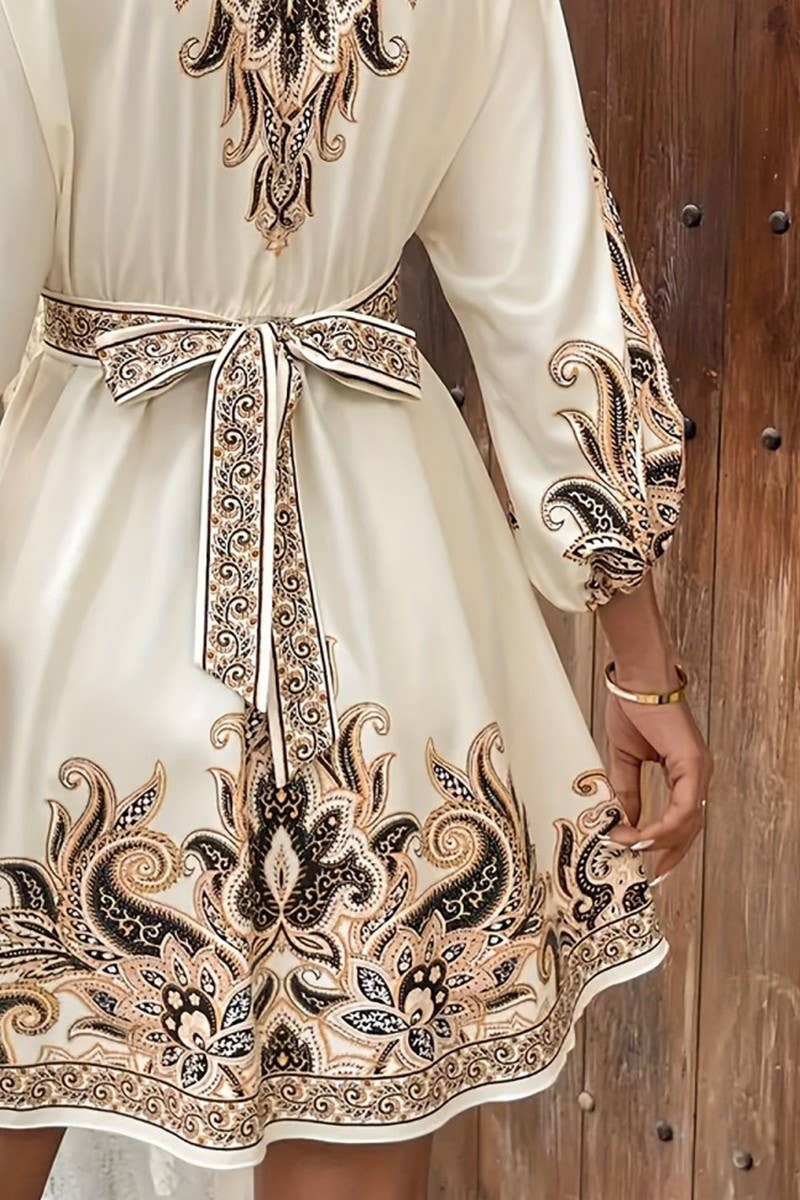 CWDSD10515_HOLIDAY STYLE V-NECK LANTERN SLEEVE PRINTED DRESS