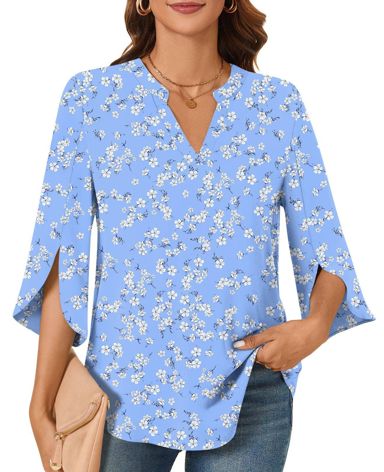 CASUAL LOOSE V-NECK MID-SLEEVE T-SHIRT