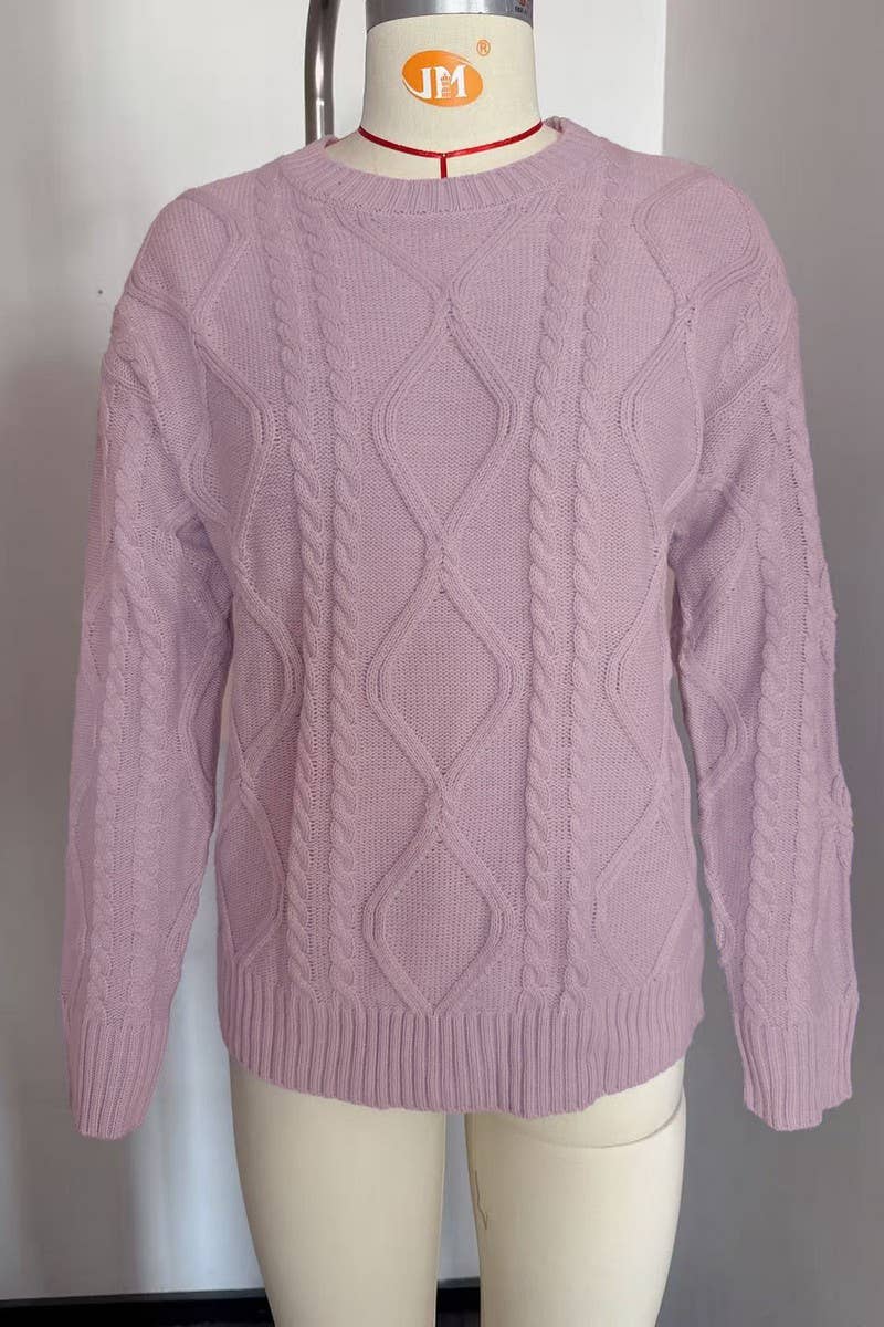 CWOSWL07714_VINTAGE CABLE KNIT SWEATER WOMEN WINTER CREWNEC