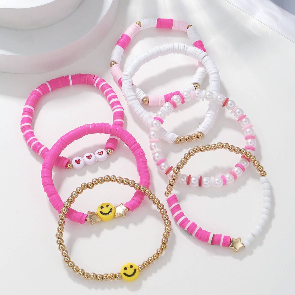 SMILEY FACE WHITE CHAIN HANDMADE BRACELET SET_CWMM3524