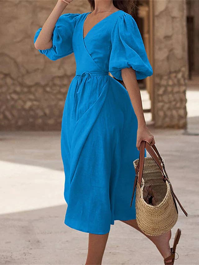 Elegant Solid Puff Sleeve Tie Slit Dress
