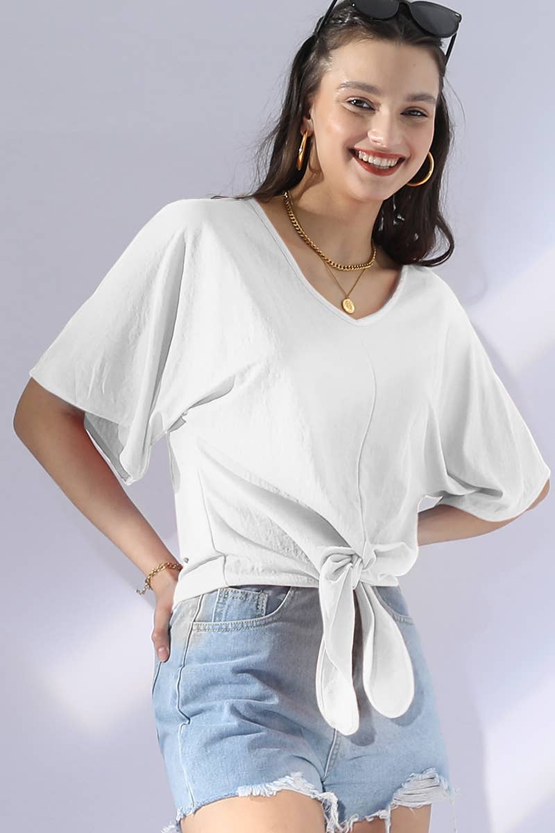 CWTTS700_V NECK TIE UP SHORT SLEEVE CASUAL COOL TOP