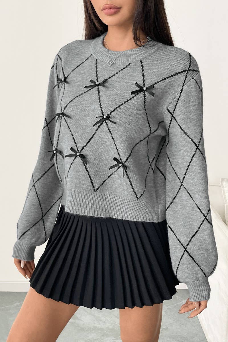 CWOSWL6912_CREW NECK BOW KNIT PULLOVER SWEATER