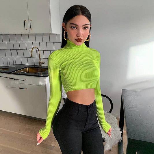 Crop top long sleeve solid-color knitted sweater
