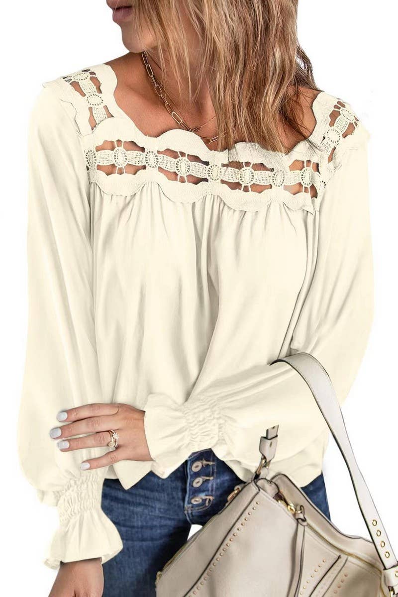 CWTBLL3979_SOLID LOOSE PULLOVER EYELET LACE SQUARE NECK TOP