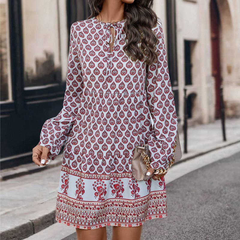 Bohemian-style loose lace-up prints dress