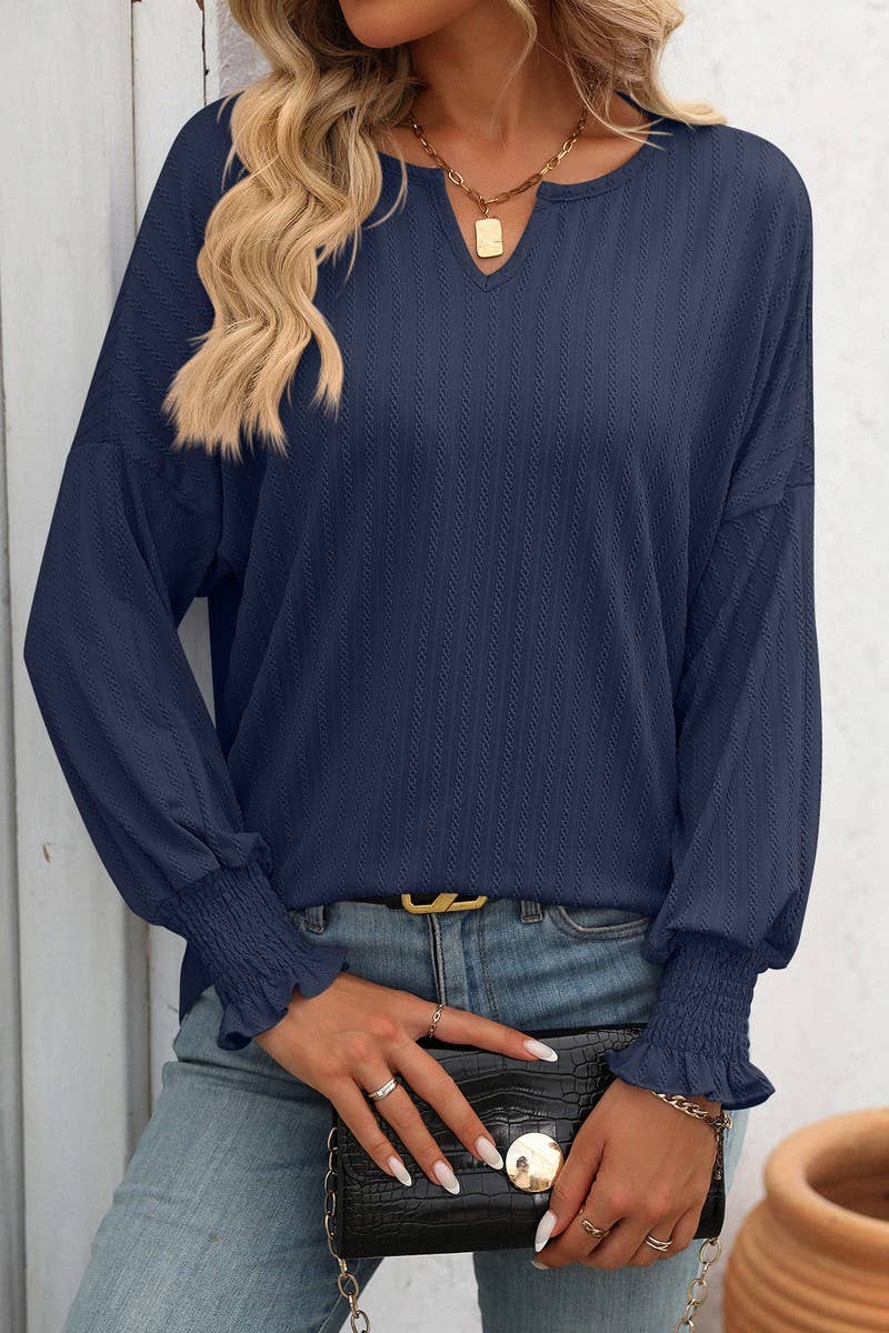 CWTBLL1814_LOOSE FIT V-NECK BATWING SLEEVE LONG SLEEVE TOP