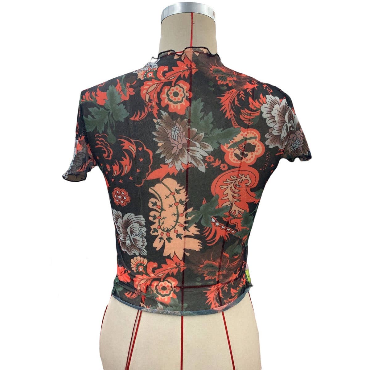 SEMI SHEER MESH  FLORAL PRINT SHORT SLEEVED TOP