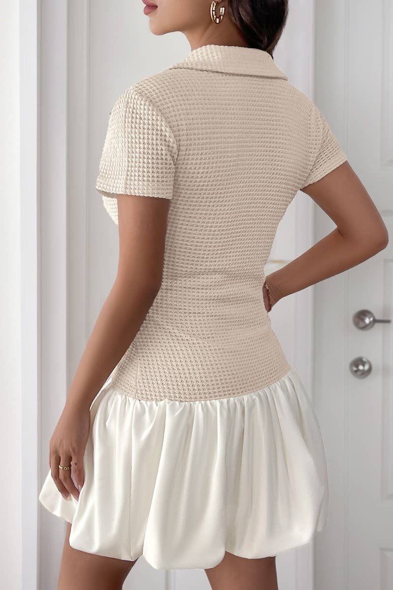 CWDSD8756_V NECK BOW DETAIL SHORT SLEEVE DRESS