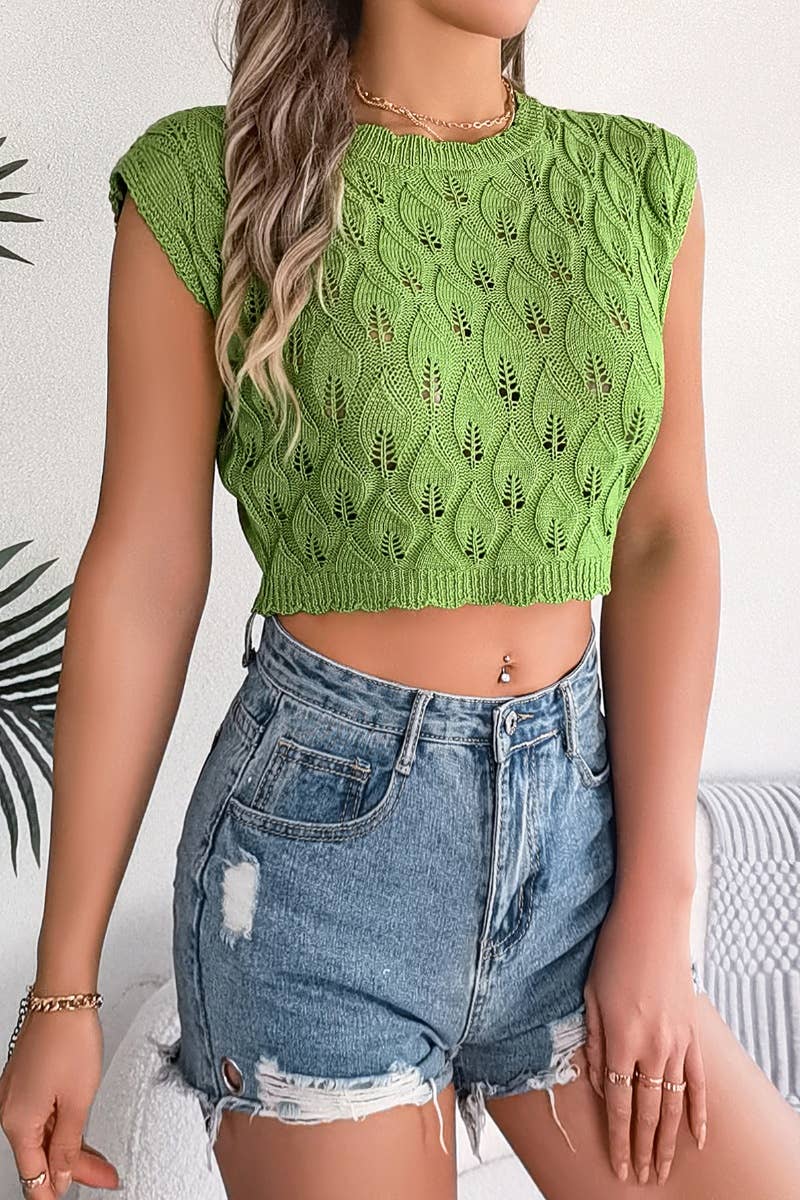 CWOV0286_KNITTED HOLLOW LEAF CROP HOLIDAY VEST TOP