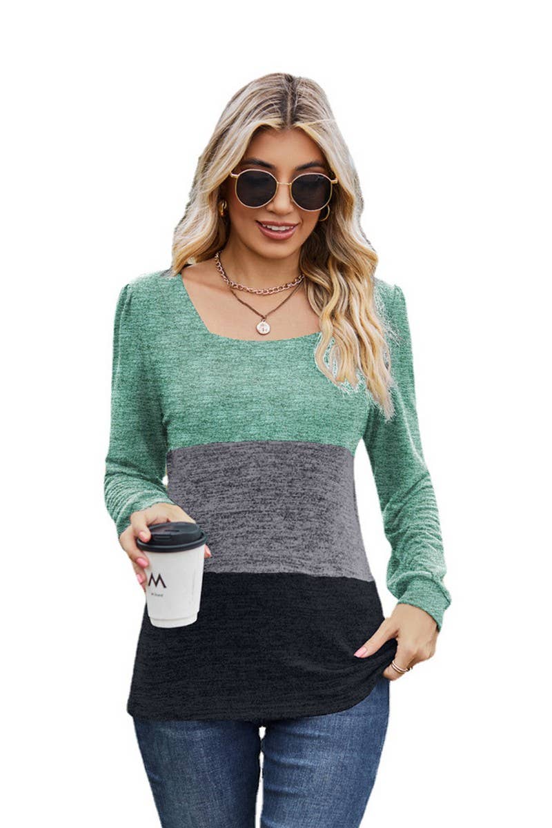 CWTBLL3681_SQUARE NECK PATCHWORK LOOSE LONG SLEEVE T-SHIRT